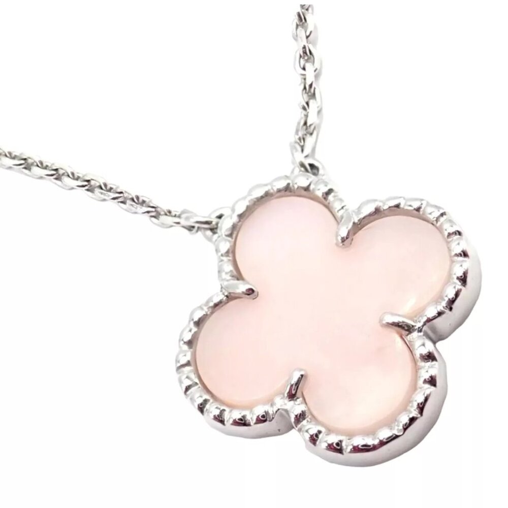 Authentic! Van Cleef & Arpels Alhambra 18k White Gold Pink Opal Pendant Necklace